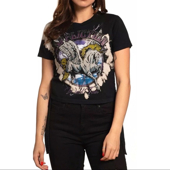 Affliction Women's T-Shirt ROCK UNICORN Adjustable Side Ties Biker - Picture 2 of 5